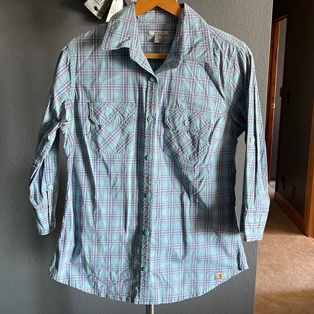 Carhartt Teal and Purple Plaid Button Down Shirt, Sz L